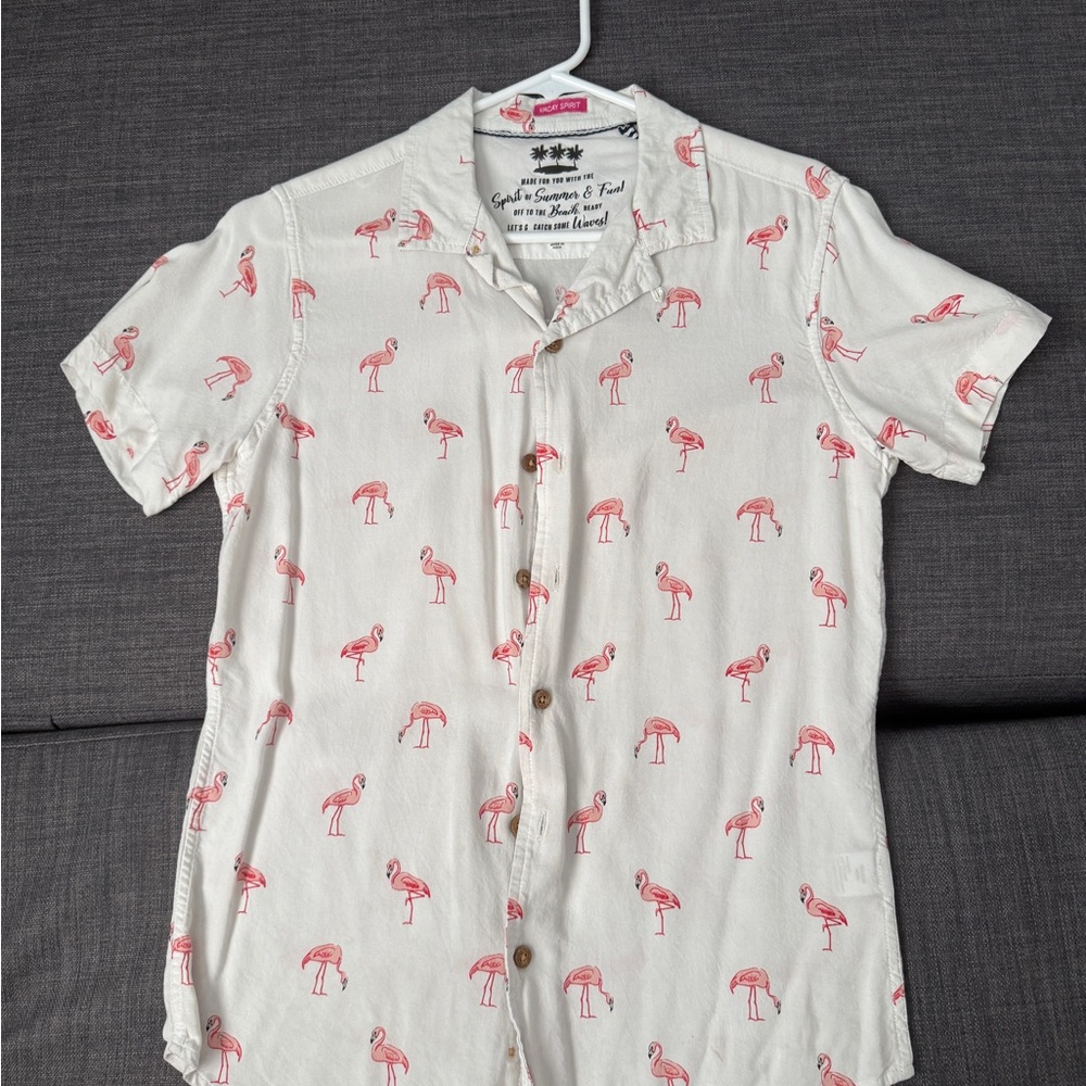 Casual White and Pink Flamingo Print Button Down Shirt